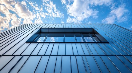 Fototapeta premium Modern Architectural Facade with Large Window Overlooking Bright Sky and Clouds, Crafted with Sleek Metal Panels, Contemporary Design Elements