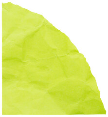 Corner of acid green torn crumpled paper, isolated element to create collage in bright colors