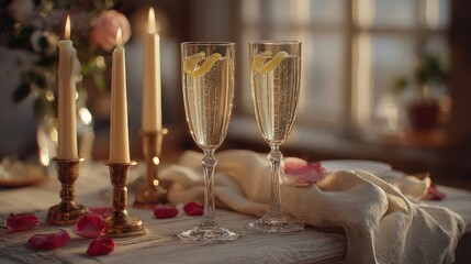 Close up of taper candles and romantic dinner table setting with bokeh