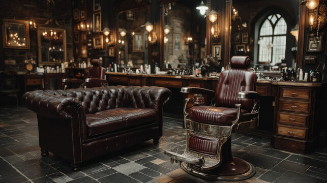 Classic barbershop with dark wood paneling and leather chesterfield sofa, background composition