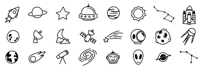 Naklejka premium space doodle icon hand drawing bundle outer space alien planet galaxy