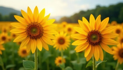 Obraz premium Two vibrant orange sunflowers blooming in a field, leaves, garden, petals