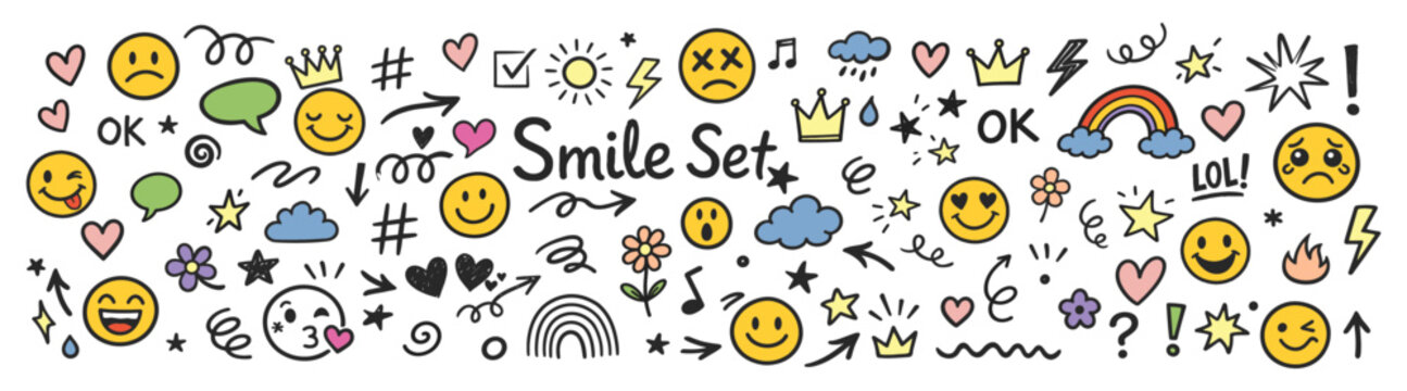 Smile emoji doodle faces, happy emoticon expressions, cheerful cartoon vector icons, playful hand-drawn faces, joyful mood collection on transparent background