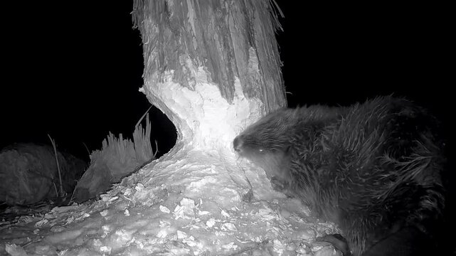 Biber, Castor fiber, raspelt mit seinen Z&auml;hnen Holzsp&auml;ne von Baumstamm, Nachtaufnahme, Nahaufnahme,