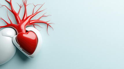Red stylized human heart with branching vessels partially encased in a white protective shell on a clean light blue background, symbolizing organ donation, transplant and cardiac care
