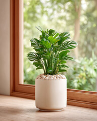 Fototapeta premium Lifestyle blog photography, beautiful zen aesthetic. A healthy Monstera deliciosa in a minimalist white ceramic pot. 
