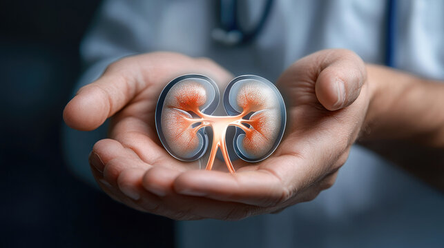 Doctor hands cradle a detailed graphic of healthy human kidneys, symbolizing organ donation, life saving transplantation, expert renal care, and advances in nephrology and urology