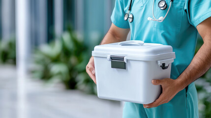 Medical professional wearing scrubs and stethoscope transporting a life saving organ in a specialized cooler box for urgent transplant and donation procedures