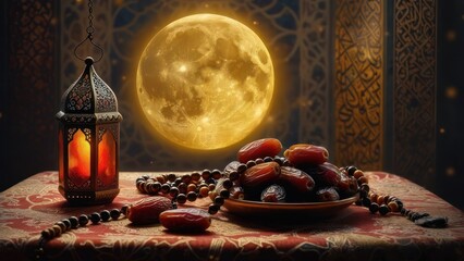 Golden moon, dates, and lantern