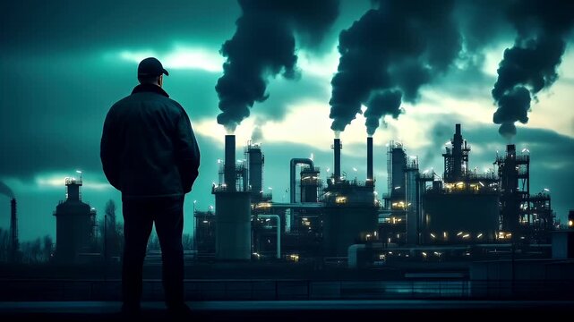 Air pollution. Environment conservation. Industry. A man stands contemplatively against a backdrop of an industrial landscape under a dramatic sky. The scene is dominated by cool tones.