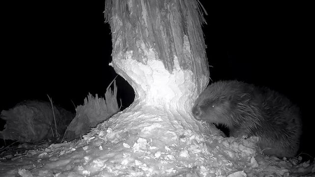 Biber, Castor fiber, nagt mit seinen Z&auml;hnen Holzsp&auml;ne von Baumstamm, Baum f&auml;llen, Sanduhr, Nachtaufnahme, Nahaufnahme,
