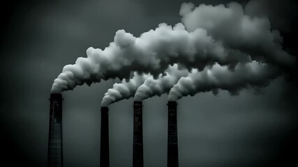 Air pollution. Environment conservation. Industry. A monochromatic industrial scene featuring a factory chimney releasing smoke into the sky.