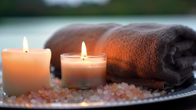 Relaxing spa scene with candles, towel, and bath salts on a tray.