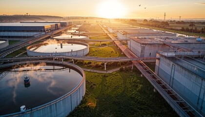 Sunrise over a serene, modern water treatment plant with misty clarifiers, greenery, and solar panels—harmonizing clean tech and nature.