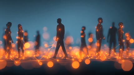 Silhouetted figures connected by lines and points of light against a blue and orange background