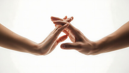 Two hands gently intertwining, symbolizing unity, support, and the delicate nature of human connection and partnership against a bright, clean backdrop