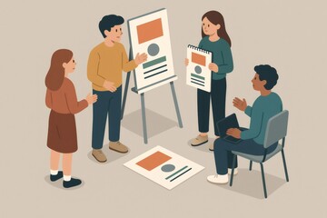 Students collaborating and discussing ideas while presenting a project board at an academic or educational event