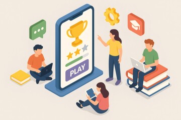 Students engaging with a mobile gamified learning application, using laptops and tablets for interactive digital education and skill development