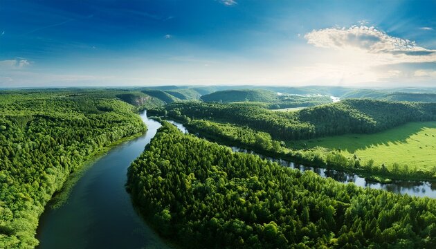 majestic aerial view of europe showing lush forests and rivers