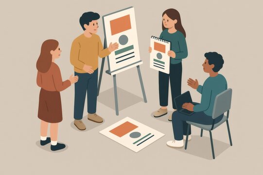 Students collaborating and discussing ideas while presenting a project board at an academic or educational event