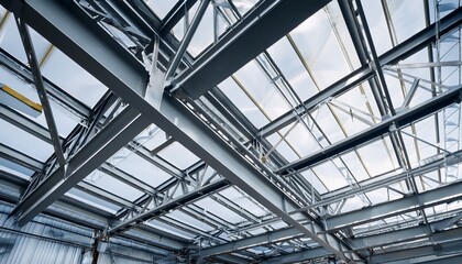 structural steel framework intersecting metal beams create a robust network secured with bolts industrial ceiling design