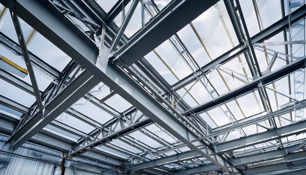 structural steel framework intersecting metal beams create a robust network secured with bolts industrial ceiling design