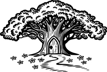 Fototapeta premium Whimsical large tree with door entrance and pathway surrounded by flowers illustration