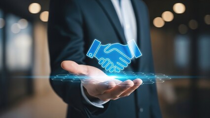Businessman in a suit holding a holographic handshake symbolizing partnership and agreement in a modern professional setting with futuristic technology