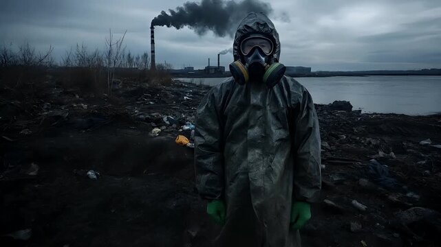 A man in a protective suit stands by a polluted water body, with a factory emitting smoke in the background. The scene is set against a moody sky with dark clouds.