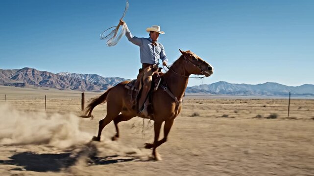 Cowboy riding horse with lasso in open field