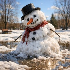 Melting snowman with a black hat by puddles in a sunny spring setting