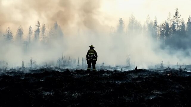 Natural disaster. Devastating loss aftermath scene. A firefighter stands amidst a forest fire, surrounded by a thick layer of smoke and ash.