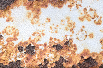 Close-Up View of Rusty Metal Surface with Flaking White Paint