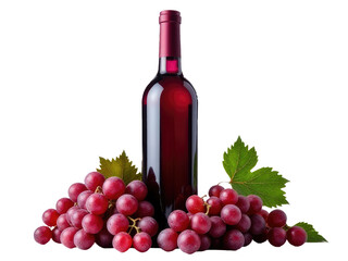 A bottle of red wine sits next to a bunch of fresh grapes, perfect for a romantic dinner or a relaxing evening