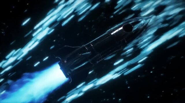 Futuristic et soars through the cosmos, propelled by vibrant blue flames.