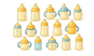 Set of baby bottles and sippy cups illustrations in cute cartoon style, pastel colors nursery icons for infant feeding and childcare.