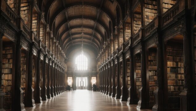 Long Room Trinity College Dublin Library Interior with Arched Ceiling and Bookshelves.