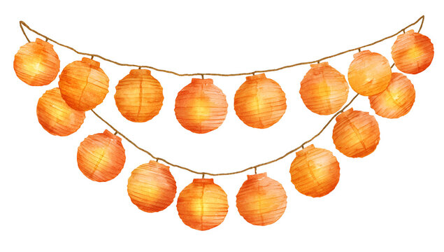 Watercolor illustration of a string of round, glowing orange lanterns on a dark background