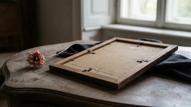 Emotional still life scene featuring dried flower and empty wooden frame resting on rustic table near soft natural window light