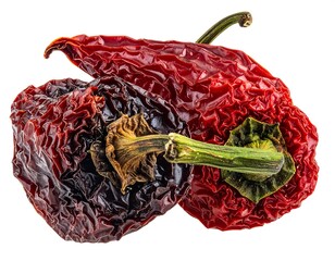 Dried red bell peppers with wrinkled skin and dark shades, stems attached