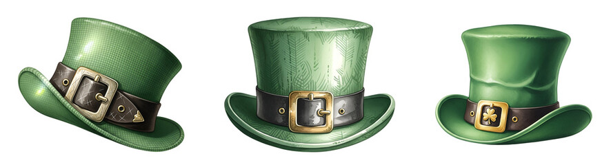Three green leprechaun hats with gold buckles on transparent background