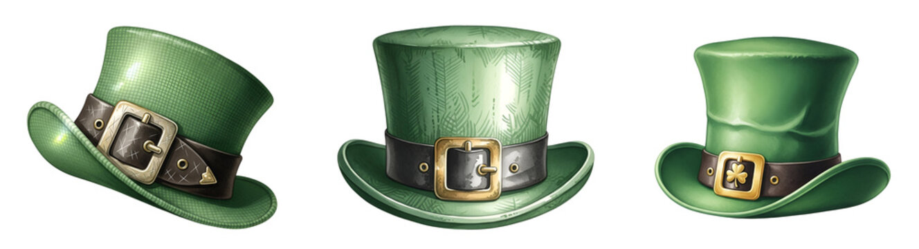 Three green leprechaun hats with gold buckles on transparent background