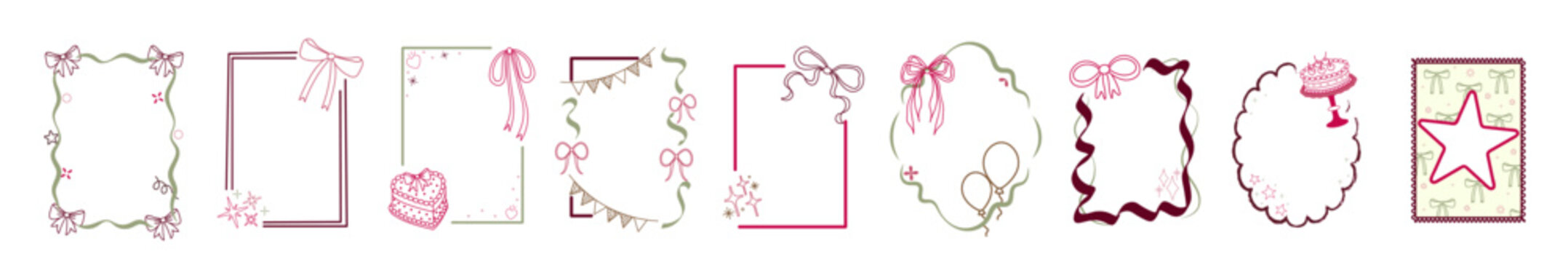 Sweet Coquette Valentine Frame Collection Hand-Drawn Ribbon and Bow Doodles. Cute Girly Frame Set in Soft Pink Aesthetic Borders with Ribbons, Cakes, and Sparkles. Modern Love Party Invitation Frames.