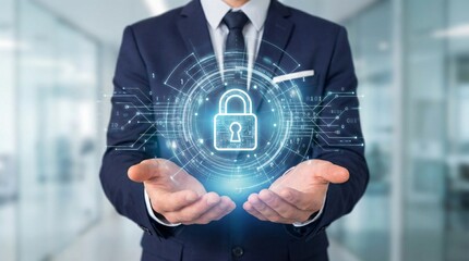 Businessman protecting digital security with padlock and circuit board