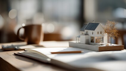A miniature model of an entire house placed on top of blueprints with a pencil and on a desk