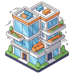 Naklejka premium Modern isometric office building with minimalist design and outdoor spaces