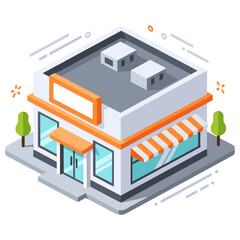 Isometric illustration of a modern retail storefront with orange accents
