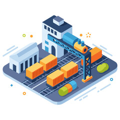 Obraz premium Isometric illustration of modern cargo train yard with containers and buildings