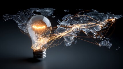 Glowing lightbulb with energy rays overlaid on a world map in a dark environment