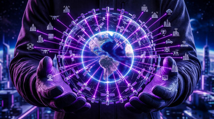 Futuristic Global Satellite Internet Network Hologram with Low Orbit Space Connectivity and Smart City Data Icons
